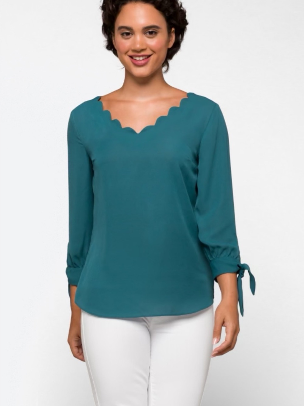 Fortune & Ivy Elegant Scallop-Edge Teal Mixed Material Blouse NWOT